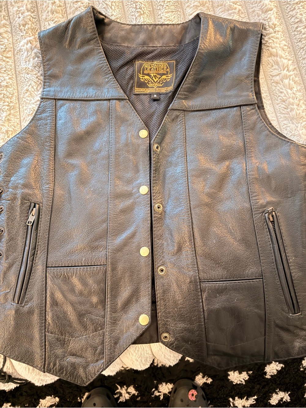 Men's Black Leather Snap-Front Vest